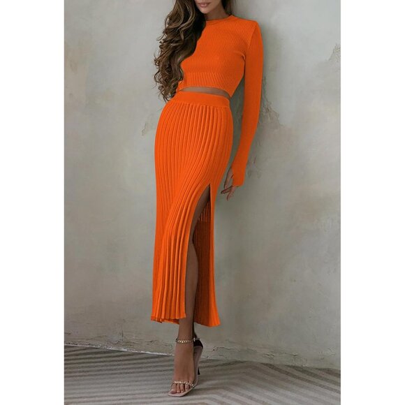 Women Winter Knit Sweater Crop Top & Pleated Bodycon Skirt Set - Picture 3 of 7